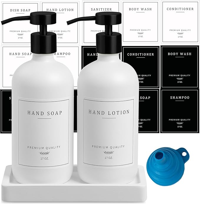 Kitchen Soap Dispenser - Hand and Dish Soap Dispenser Set, Bathroom Glass Soap and Lotion Dispenser with Pump, Tray, 14 Waterproof Labels, Set of 2 White Bottle/Black Pump-pd