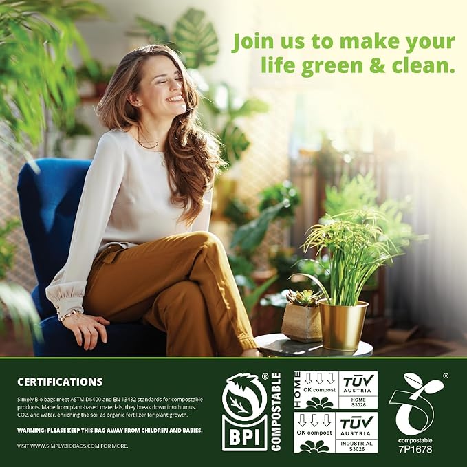 Simply Bio 50-55 Gallon Compostable Trash Bags Liners Flat-Top, Heavy Duty Extra Thick 2 Mil, 208.2 Liter, 12 Bags, Lawn, Yard, and Restaurant Use, ASTM D6400, US BPI, OK Compost Home Certified