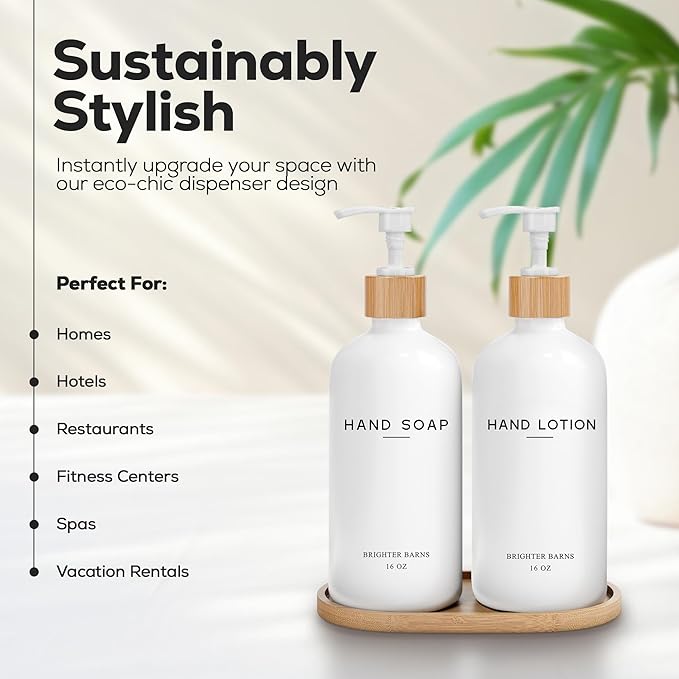 White Glass Soap and Lotion Dispenser Set with Tray by Brighter Barns - Hand Soap Dispenser Bathroom Set - Bamboo Bathroom Soap Dispenser Set - Minimalist Bathroom Accessories, Modern Home Decor