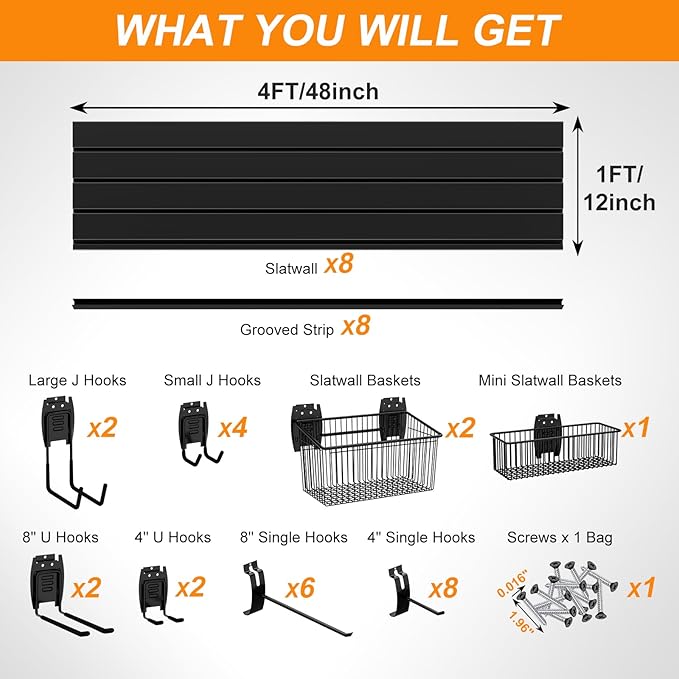 DoCred Slatwall Paneling Organizer, 4x7.5 FT PVC Garage Slat Wall Storage Systems, Heavy Duty Mounted Slat Peg Board for Tool Organization Ladder Bike Includes 27 PCS Hooks Accessories Kit (Black)