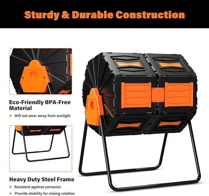 Compost Tumbler, Easy Assemble & Efficient Outdoor Compost Bin, 45 Gallon/170 Liter Large Dual Chamber Rotating Composter for Garden, Kitchen, and Yard Waste, Orange Door