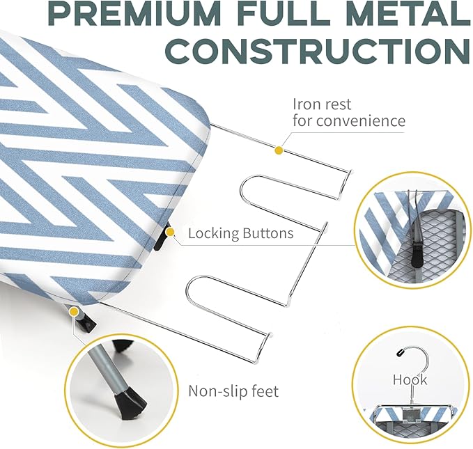 Small Tabletop Ironing Board Foldable, RAINHOL Steel Mesh Portable Iron Board for Dorm and Apartment, with Iron Rest and Heat-Resistant Cotton Cover, 31" x 12", Blue and White Stripes