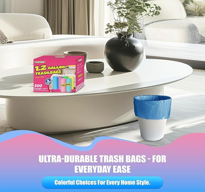 300 Count 1.2 Gallon Trash Bags - 4.5 Liter Colored Small Garbage Bags Unscented Mini Can Liners Leakproof & Tear Resistant for Bathroom, Office, Home