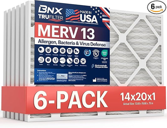 BNX TruFilter 14x20x1 Air Filter MERV 13 (6-Pack) - MADE IN USA - Electrostatic Pleated Air Conditioner HVAC AC Furnace Filters for Allergies, Pollen, Mold, Bacteria, Smoke, Allergen, MPR 1900 FPR 10
