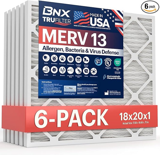 BNX TruFilter 18x20x1 Air Filter MERV 13 (6-Pack) - MADE IN USA - Electrostatic Pleated Air Conditioner HVAC AC Furnace Filters for Allergies, Pollen, Mold, Bacteria, Smoke, Allergen, MPR 1900 FPR 10
