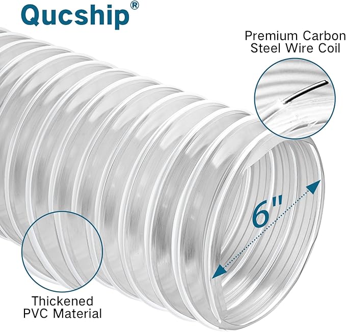 Heavy PVC Dust Collection Hose 6" x 10', Puncture Resistant PVC Dust Collection Hose with Carbon Steel Wire Coil for Woodworking, Workshops, Dust Collectors