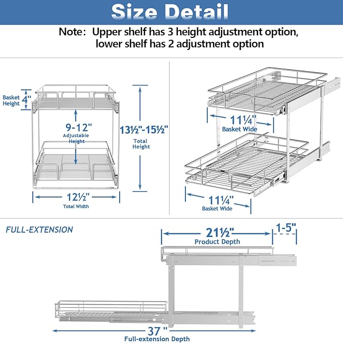 LOVMOR 2 Tier Individual Pull Out Cabinet Organizer 12½" W x 21½" D, Slide Out Kitchen Cabinet Storage Sliding Shelves