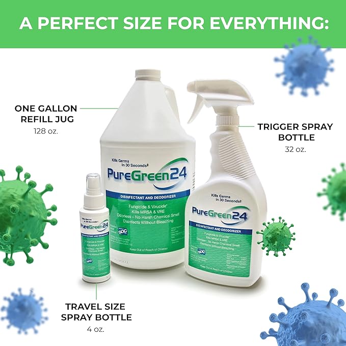 PureGreen24 Safe & Effective Disinfectant. Kills Deadly Germs including RSV Norovirus MRSA Staph 2025 flu Bird Flu Contains No Toxic Chemicals Odorless Child & Pet Safe (4) 32oz Spray Bottles