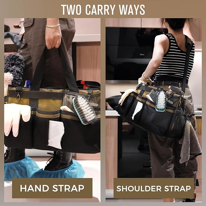 Wearable Cleaning Caddy Organizer with Handle & Shoulder Straps for Housekeepers, Under Sink & Car Cleaning Tool Organizer Bag with 4 Foldable Dividers (Tan)