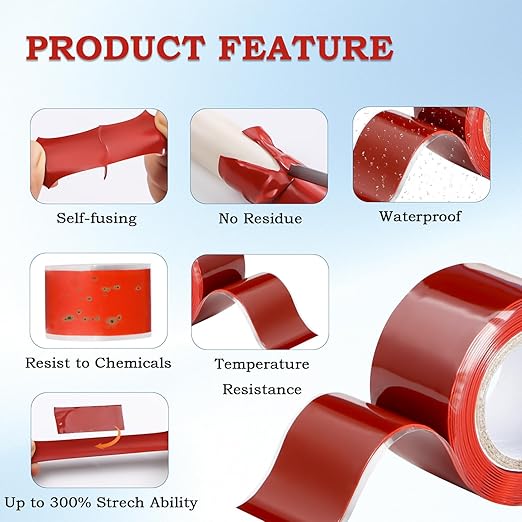 Self Fusing Silicone Tape 1 in x 5' Red Waterproof Rubber Leak Proof Sealing Silicone Rubber Self-amalgamating Tape for Emergency Hot and Cold Water Pipe Repairs and Tool Fixation