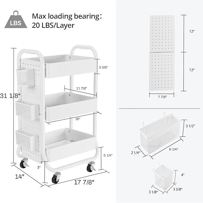 DESIGNA 3-Tier Rolling Cart, Utility Cart with Handle, Extra 3 Storage Accessories, Removable Pegboard, Easy Assembly Craft Carts for Kitchen, Bathroom, Office, Metal, White