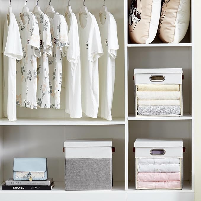 Fabric Storage Cubes with Clear Windows and Lids, 11'' Foldable Storage Bins with 3 Handles, Decorative Storage Boxes for Home, Bedroom, Closet, Office (Gray & White)