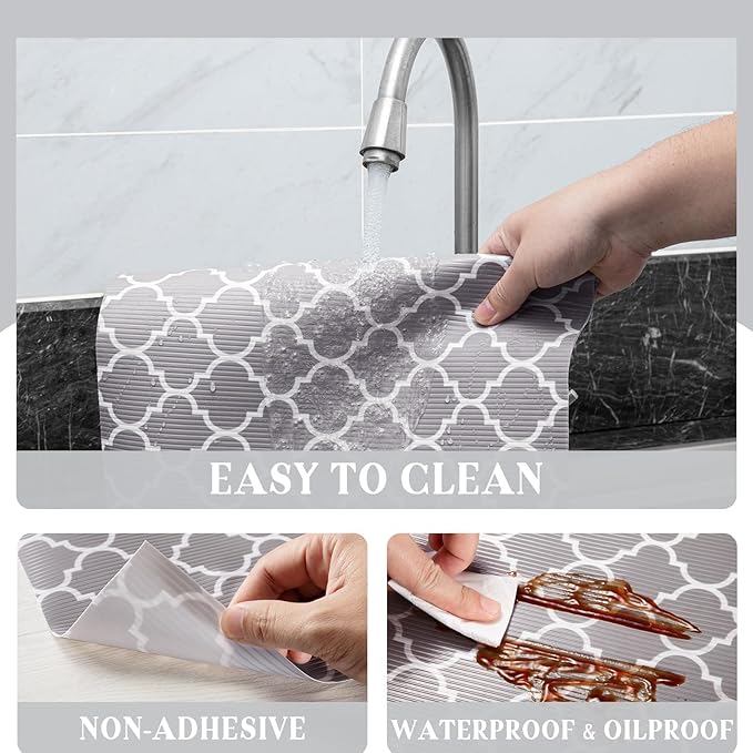 Glotoch Shelf Liner 12" x 30 ft. - Non Adhesive Refrigerator, Kitchen, Drawer Liners, Waterproof and Durable Fridge Table Place Mats for Cupboard, Cabinet, Drawer Liner, Quatrefoil Gray