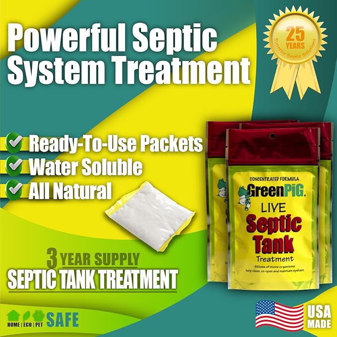 GREEN PIG Septic Tank Treatment - 12 Pods, Septic Safe Clog Remover, Prevents Expensive Septic Tank and Drain Field Failures, 3-Year Supply