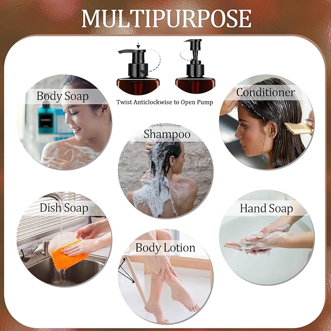 Tanlade 6 Pcs Shampoo and Conditioner Dispenser Bottles 16oz Modern Shower Soap Bottles with Pump, Labels and Marker Pen Easy to Refill Body Wash Dispensers for Home Bathroom Decoration(Brown)