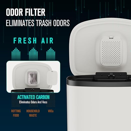 13 Gallon Stainless Steel Foot Pedal Large Trash Can with Soft Close Quiet Curved Surface Top Lid and Deodorant Storage Space, with 30 Garbage Bags for Kitchen/Home/Office Trash can and More - White