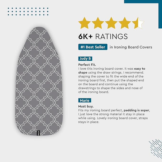 Encasa XO Ironing Board Cover and Pad 49"x18" - Thick 3mm Felt Padding, Drawstring Tightening & Lock, Easy Fit, Scorch & Stain Resistant, Fits Wide Ironing Board - Big Leaves Blue