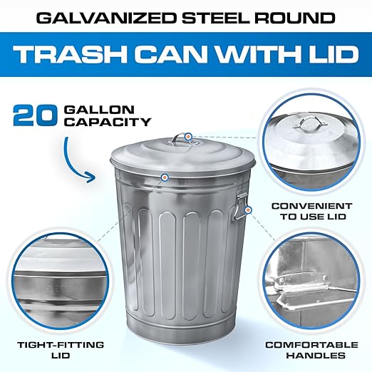 Plexon Round Trash Can 13 Gallon, Vintage Metal Outdoor Trash Can with Lid, Retro Farmhouse Garbage Container, Old School Modern Ash Bucket, Galvanized Steel 3 Pack