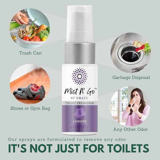 Mist N’ Go by Omaze Travel Bathroom Spray for Toilet Spray Odor Eliminator - Travel Toilet Spray for Bathroom Air Freshener Spray for Bathroom Deodorizer - Lavender Travel Size (1oz x5)