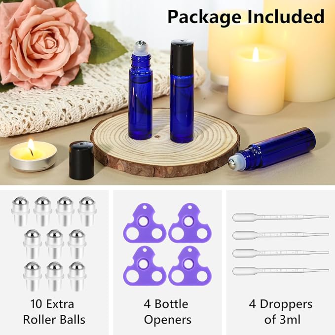 KEYWING 54 Pack Blue Essential Oil Roller Bottles – 10ml Glass Roll-On Bottles with Stainless Steel Roller Balls & Caps, Refillable Perfume Containers for Travel & DIY