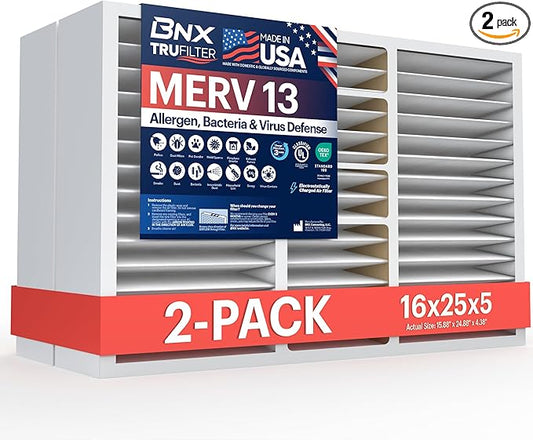 BNX TruFilter 16x25x5 (15.88’’ x 24.88’’ x 4.38‘’ Compatible with Honeywell 4”) MERV 13 Air Filter (2-Pack) - MADE IN USA - HVAC AC Furnace Filters, Allergies, Mold, Bacteria, Smoke, MPR 1900 FPR 10