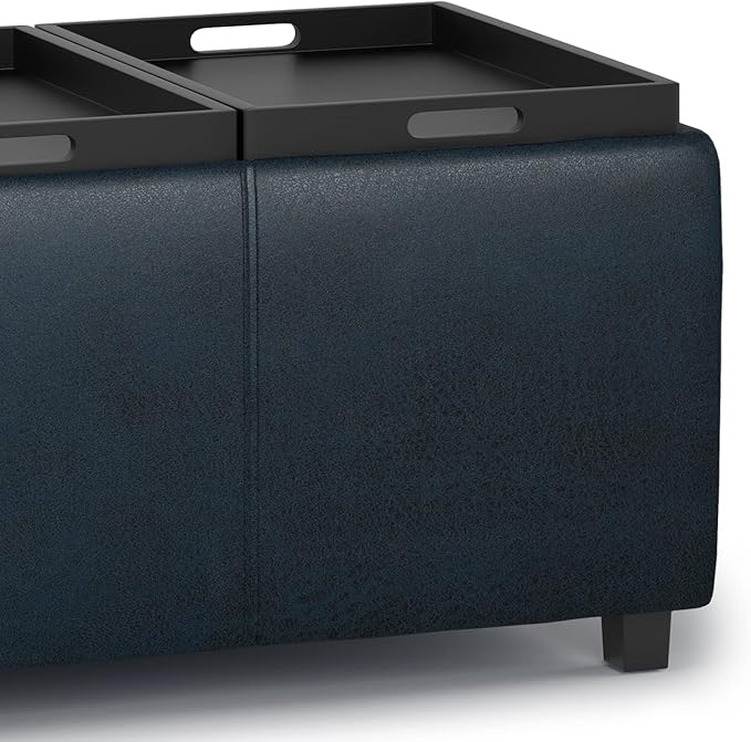 SIMPLIHOME Avalon 42 inch Wide Contemporary Rectangle Storage Ottoman in Distressed Dark Blue Vegan Faux Leather, Assembled, for the Living Room, Entryway and Family Room