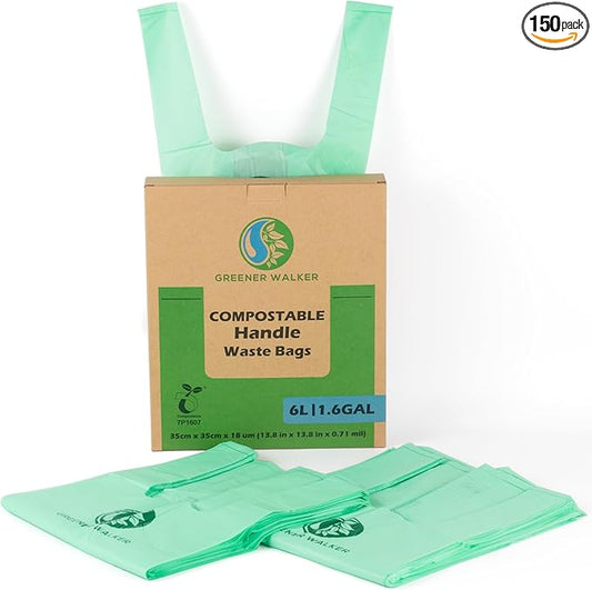 GREENER WALKER 100% Compostable Trash Bags with Tie Handles, 1.6 Gallon-150Bags, Food Scrap Kitchen Waste Bags with EN13432 Certified