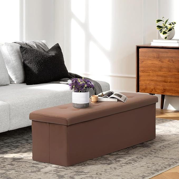 Athena Collection 43" Storage Ottoman Bench Folding Bench with 130L Hidden Storage, Large End of Bed Bench PU Leather Foot Rest Stool Chest with Flipping Lid for Living Room, Bedroom, Entryway, Brown