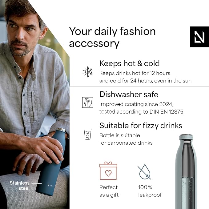 LARS NYSØM Stainless Steel Insulated Water Bottle 12oz 17oz 25oz 34oz 51oz | Insulated Thermo Flask for Hot and Cold Beverages | Leakproof Drinking Bottle (Sky Blue, 25.4 oz)