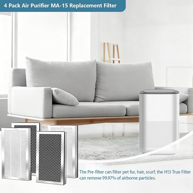 MA15 Replacement Filter Compatible with MA-15 Air Purifier, 3-in-1 Filtration System, H13 True HEPA and Activated Carbon Filter, 4 Pack