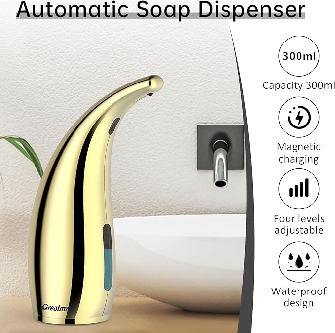 Adjustable Automatic Soap Dispenser Touchless, 4 Adjustable Levels Touchless Sensor Liquid Soap Pump Dispenser，300ml Rechargeable Magnetic Charging Hand Soap Dispenser for Kitchen，Bathroom