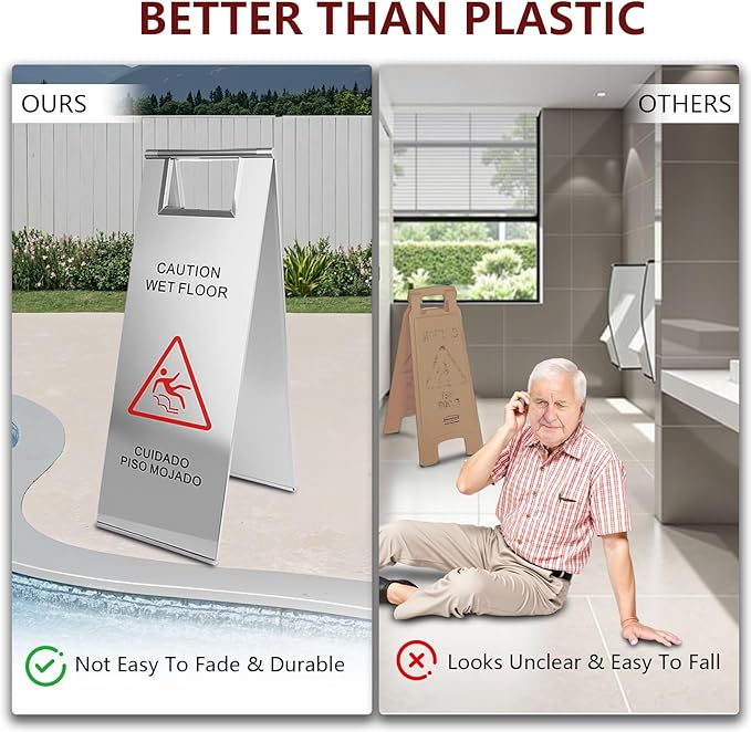 4 Pcs Stainless Steel Wet Floor Caution Sign, 24 Inch Portable Handle Bilingual Signaboard, Commercial Use Foldable Wet Floor Sign for Kitchen, Restaurant, Shop, Silver