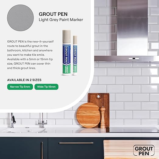 Grout Pen Light Grey Tile Paint Marker: Waterproof Grout Paint, Tile Grout Colorant and Sealer Pen - Light Grey, Narrow 5mm Tip (7mL) - 3 Pack