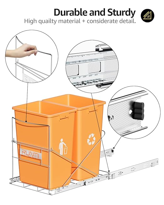 Double 37 Quart Pull Out Trash Can Under Cabinet, Under Sink Trash Rack, 70 Liter Total Capacity, Cabinet Trash Pull Out Kit, Trash Bin Not Included