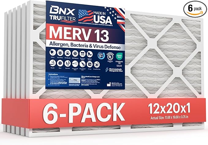 BNX TruFilter 12x20x1 Air Filter MERV 13 (6-Pack) - MADE IN USA - Electrostatic Pleated Air Conditioner HVAC AC Furnace Filters for Allergies, Pollen, Mold, Bacteria, Smoke, Allergen, MPR 1900 FPR 10
