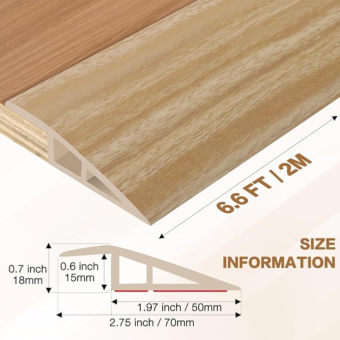 Floor Transition Strip Vinyl Door Threshold Ramp Self Adhesive Carpet Edging Strip Doorway Edge Trim, Overlap Edge Reducer for Laminate Carpet, Floor, Tile (Light Yellow Grain, 2/5" to 3/5", 6.6Ft)