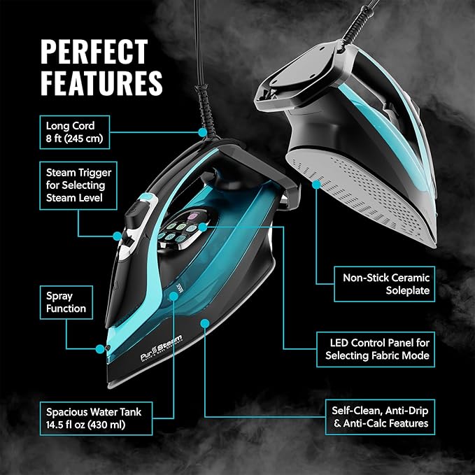 PurSteam SteamTech Elite 1750W Steam Iron, Digital Temp Control & LED Display, Ceramic Soleplate, Adjustable Steam, Self-Clean, Anti-Calc, Anti-Drip, Auto Shut-Off