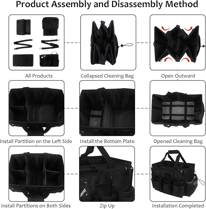 Qivine Cleaning Caddy with Handle, Cleaning Supply Caddy Foldable Tool Bag Cleaning Products Organizers Portable Cleaning Bucket Organiser for Storing Towels（Black Square）