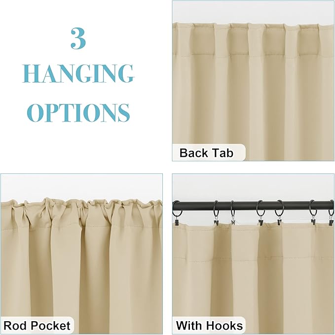 RYB HOME Room Darkening Curtains - Back Loops Solid Sunlight Block Window Decor for Nursery Bedroom Kitchen Bath Garage, Wide 42 in x Long 45, Biscotti Beige, 2 Panels