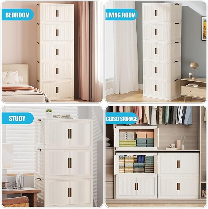 520QT/130GAL Stackable Storage Bins with 1 lid Storage Closet Organizers and Drawer Foldable Storage Bins Container with door Collapsible Storage Box for Home Office Dorm Room(104Qt X 5),White