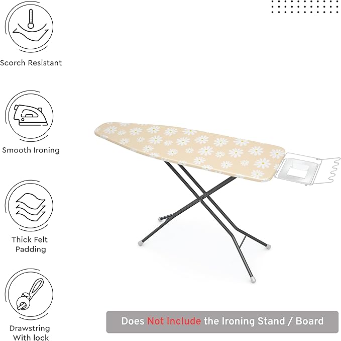 Encasa XO Ironing Board Cover and Pad 54"x15" - Thick 3mm Felt Padding, Drawstring Tightening & Lock, Easy Fit, Scorch & Stain Resistant, Fits Standard Large Ironing Board - Daisy Beige