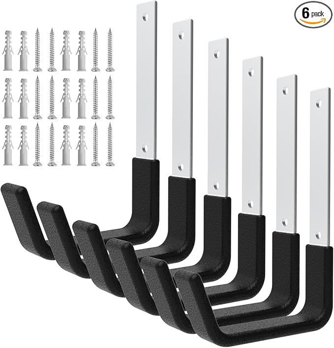Heavy Duty Utility Hooks - Wall Mount, Hooks for Garage, Hose, Bike, Ladder, Leaf Blower Hanger (6 Medium)