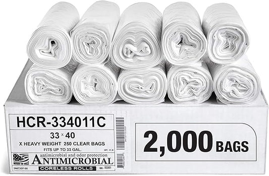 Aluf Plastics High Density Trash Bags, 33 Gallon, 2000 Count, 11 Micron (eq), 33" x 40", Clear, for Bathroom, Office, Industrial, Commercial, Janitorial, Municipal, Recycling