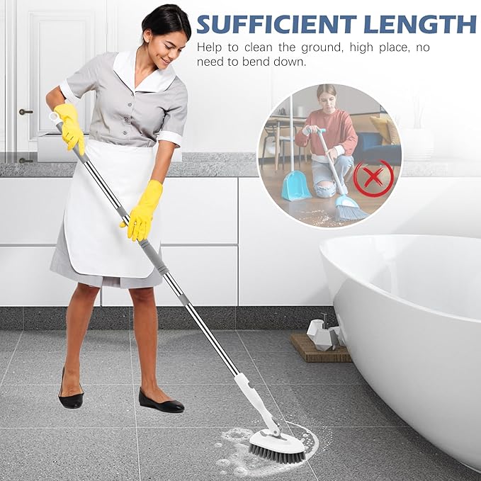SetSail 4-in-1 Tile Tub Floor Scrubber with 52-inch Long Adjustable Handle Shower Cleaner Brush with V-Shaped Grout Brush and 3 Replacement Brush Heads for Bathroom Kitchen Sink Walls Tub Tile, White