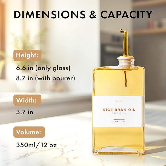 Glass Olive Oil Dispenser Bottle Set [2x12oz]: 36 Premium Gold Labels, Oil Dispenser for kitchen, Vinegar Bottle Set, Glass Dispensers for Soy Sauce, Syrup Bottles | Set of 2