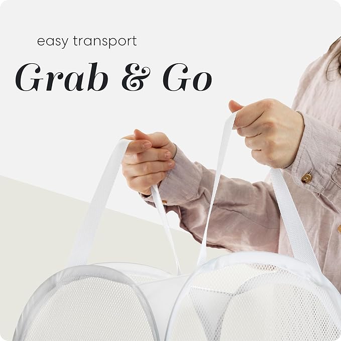 Handy Laundry Collapsible Mesh Pop Up Hamper with Wide Opening and Side Pocket - Breathable, Sturdy, Foldable, and Space-Saving Design for Clothes and Storage (White | 2-Pack)