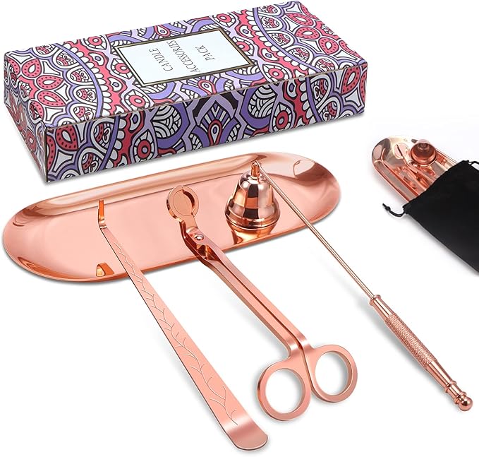 Lsnisni 4 in 1 Champagne Gold Candle Accessory Set with Candle Storage Tray Plate, Wick Trimmer Cutter, Candle Snuffer and Candle Wick Dipper, Steel Candle Care Kit with Gift Package for Candle Lover