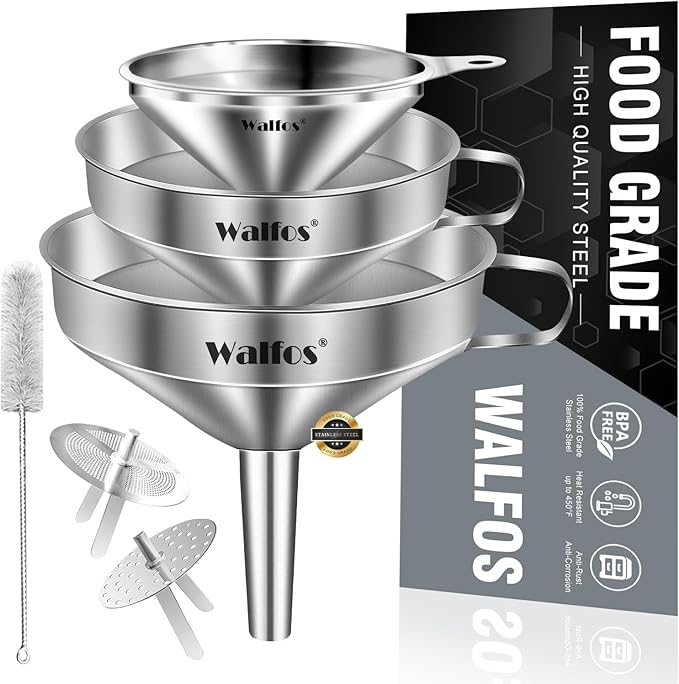 Stainless Steel Funnel, Walfos 3 Different Sizes of Kitchen funnels with 2 Removable Strainer ＆ 1Pcs Cleaning Brush, for Transferring of Liquid, Oils, Jam, Powder