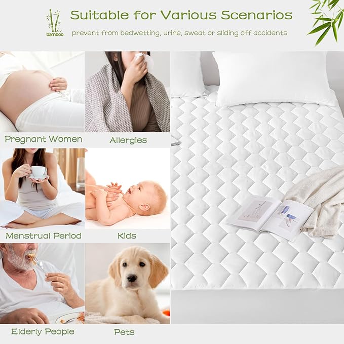 GRT Queen Mattress Protector Waterproof, Rayon from Bamboo, Cooling Quilted Fitted Mattress Pad, Noiseless Waterproof Mattress Cover, fits up to 21" Deep, Dust Proof White