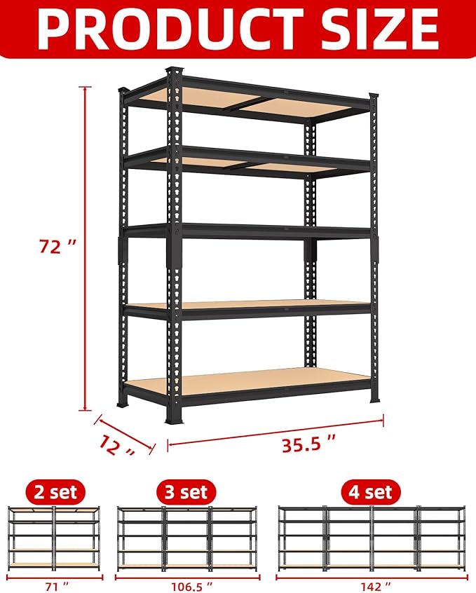 PrimeZone 35.5" x 12" x 72" Heavy Duty Storage Shelves - 5 Tier Adjustable Garage Storage Shelving, Metal Storage Utility Rack Shelf Unit for Warehouse Pantry Closet Kitchen, Black, 4 Pack